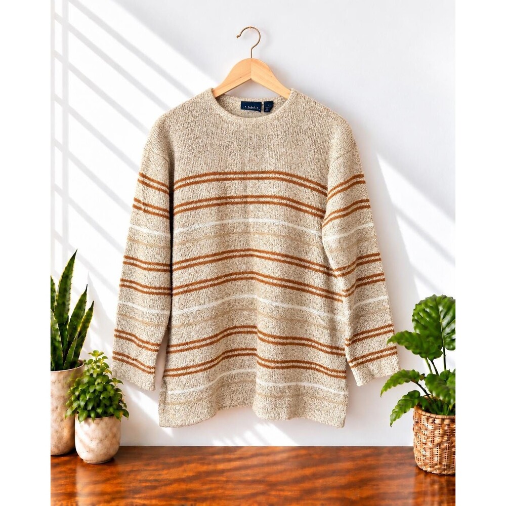 Vintage Y2K Crazy Horse Striped Sweater Oatmeal Rust Cotton Blend Pullover Large